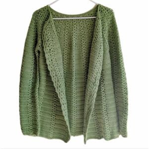 Vintage 90s Hand-Knit Woodland Fairy Cottage Chartreuse Knitted Cardigan